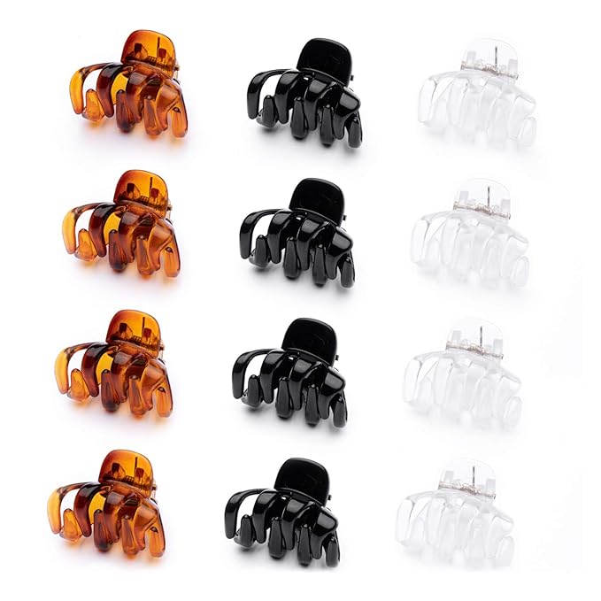 Cobahom 12 Pack Small Hair Claw Clips 1.2 Inch Plastic Hair Clips for Thin Hair No-Slip Mini Hair Clips Hair Styling Accessories for Women and Girls, Black, Brown and White