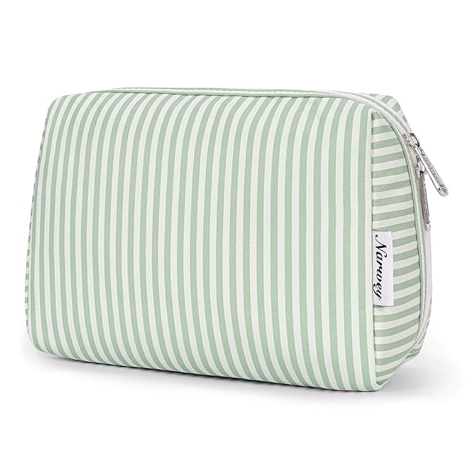 Narwey Striped Makeup Bag Travel Cosmetic Bag Organizer Toiletry Bag Make Up Bags with Compartments for Women Girls (Large, Mint Green Stripe)