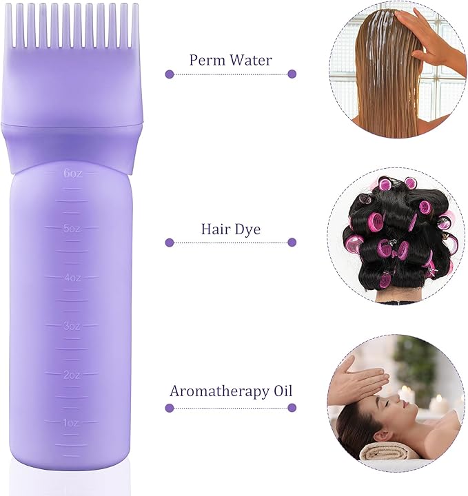 Cosywell Root Comb Applicator Bottle 6 Ounce Hair Dye Applicator Brush 3 Pack for Hair Root Comb Color with Graduated Scale(Pink White Purple)