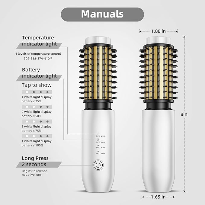 CARESKY® Cordless Curling Iron Brush, 1.5 Inch Mini Travel Hair Curler with 200 Million Negative Ions, Portable Heated Round Straightener Brush Rechargeable for Curl, Touch-Up, De-Frizz, Styling