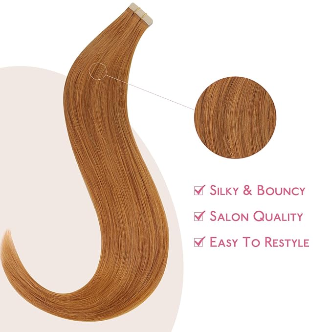 WENNALIFE Tape in Hair Extensions Human Hair Auburn Ginger Tape in Extensions, 10pcs 25g 14 inch Remy Invisible Tape Ins Straight Colored Soft Real Human Hair Tape in Extensions Refill Set Extensions