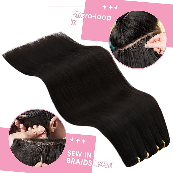 YoungSee Sew in Hair Extensions Real Human Hair Dark Brown Hair Extensions Sew in Darkest Brown Double Weft Human Hair Extensions Remy Hair 20Inch 100G