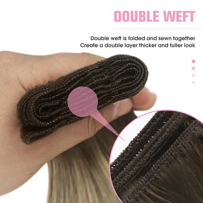 YoungSee Human Hair Weft Extensions Brown Ombre Sew in Extensions Balayage Weft Hair Extensions Human Hair Walnut Brown Ombre Light Brown with Blonde Balayage Hair Wefts Remy Hair 20Inch 100G