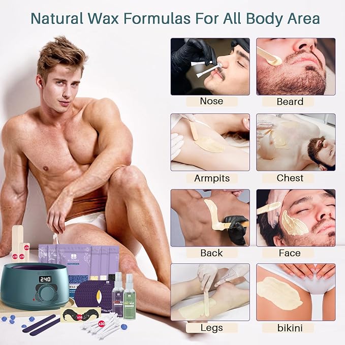 BLITZWAX Back and Nose Waxing Kit for Men, Hard Wax Warmer for Brazilian, Body and Face, At Home Hair Removal Kit, Beginner Friendly, Quick Heating, 93 Accessories, Blue Spruce