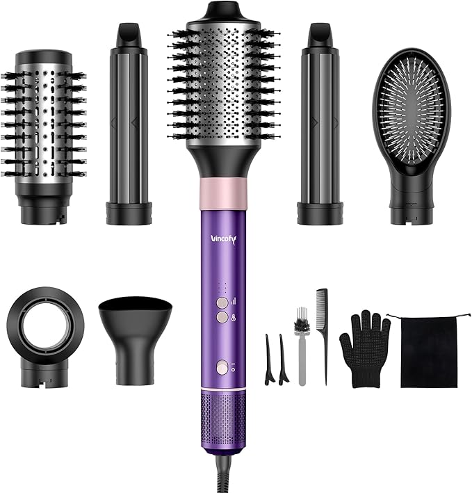 7 in 1 Blow Dryer Brush Set – Hot Air Styler for Fast Drying, Curling, Straightening & Volumizing – Ionic Hair Dryer Brush with 1500W Power – No Heat Damage for All Hair Types – Lilac
