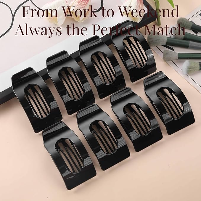 8 Pack Black Flat Hair Clips for Women – Large Glossy Rectangle No-Slip Claw Clips for Thick & Thin Hair, Strong Hold Square Hair Accessories for Work & Daily Styling