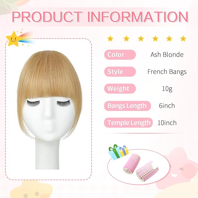 Clip in Bangs 100% Real Human Hair, French Bangs Hair Clip, Fake Bang Fringe with Temples Hairpieces for Women Daily Wear (Ash Blonde, French Bangs)