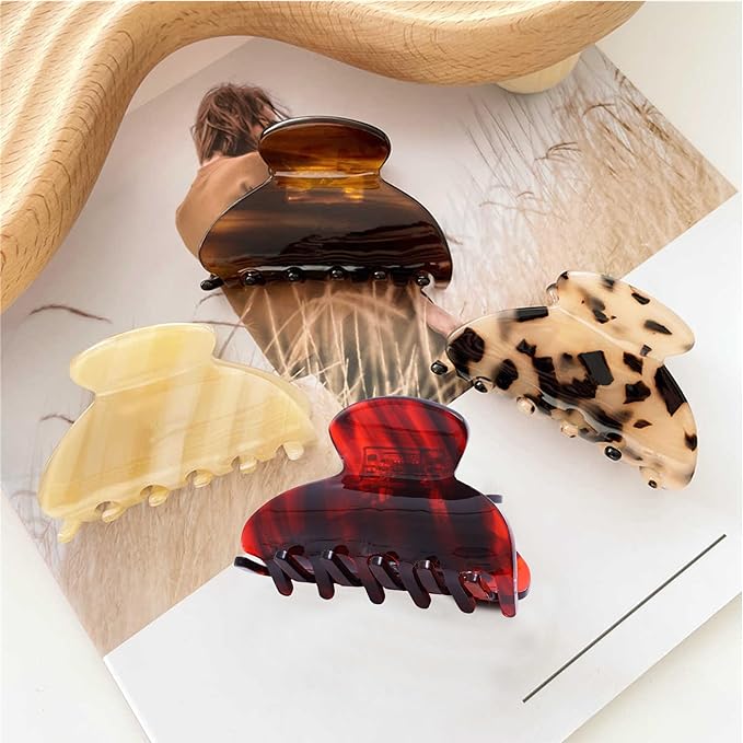 Womens Hair Clips Medium Claw Clips Tortoise Hair Jaw Clips Celluloid Hair Claw Clamps Acetate Hair Clip 3 Pack,Tortoise Shell/Black/Brown