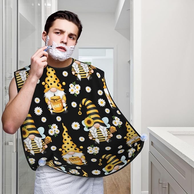 Adjustable Non-Stick Beard Apron, Hair Catcher Cape for Shaving Grooming, Waterproof with Suction Cups Men, Sunflower Bee Cute Cartoon Gnome Black Shave Bib