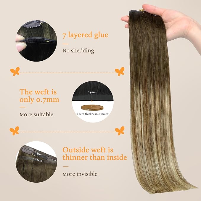 DOORES Hair Extensions Seamless Clip in Human Hair, Walnut Brown to Ash Brown and Bleach Blonde 110g 7pcs 16 Inch, Invisi Edge Hair Extensions Real Human Hair Clip in Remy Straight Hair