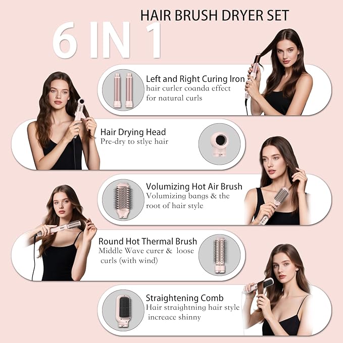 Hair Styler Wrap & 6 in 1 Hot Air Styler-110,000 RPM High-Speed Fast Negative Ionic Multi Hair Styler Professional Blow Dryer Brush for Curling Volumizing Straightening Styling
