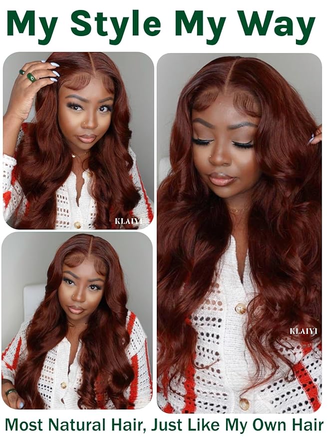 KLAIYI Bye Bye Knots Glueless Wig Reddish Brown Body Wave 7x5 Pre Cut HD Lace Front Wigs Human Hair Put On And Go Wig Pre Bleached Pre Plucked with Baby Hair 30S Ready To Wear 150% Density Full 20Inch