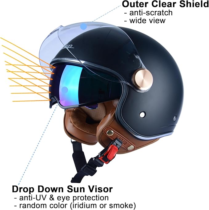 Open Face Motorcycle Helmet for Adults, DOT Approved,3/4 Retro Vespa Helmet, Dual Visors Men's and Women's Motorbike Casco for Moped Cruiser Bobber and Chopper