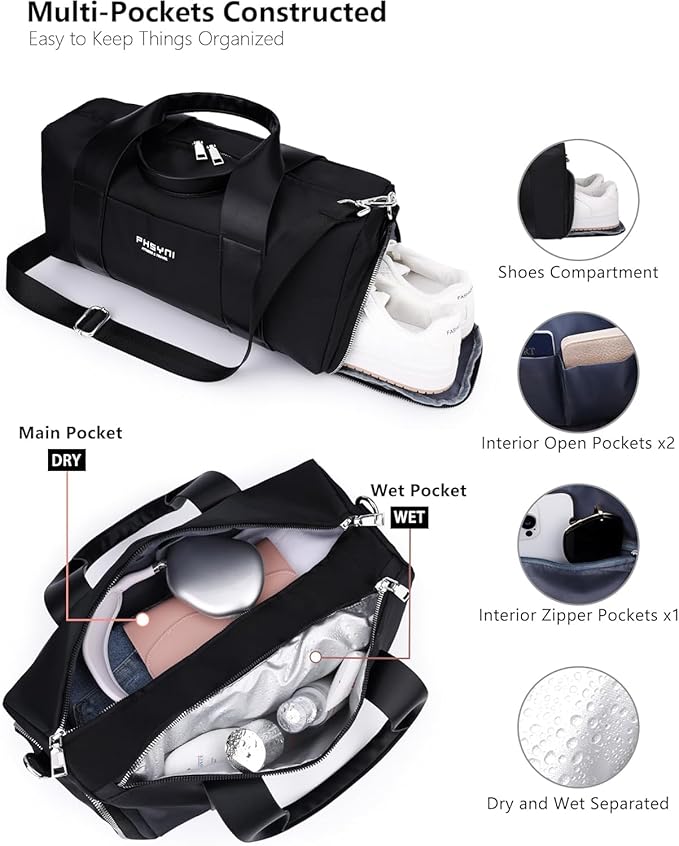 Compact Sports Gym Bag for Women & Girls and Kids, Cute Mini Duffle Bag with Wet Pocket & Shoes Compartment, Personal Item Travel Workout Bag, 16"-Small, Black