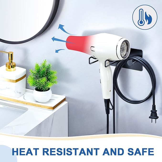 Hair Dryer Holder Wall Mounted, Universal Blow Dryer Holder, Hairdryer Storage Hanger with Plug&Cord Hook, Adhesive Hair Tool Organizer for Bathroom, Black