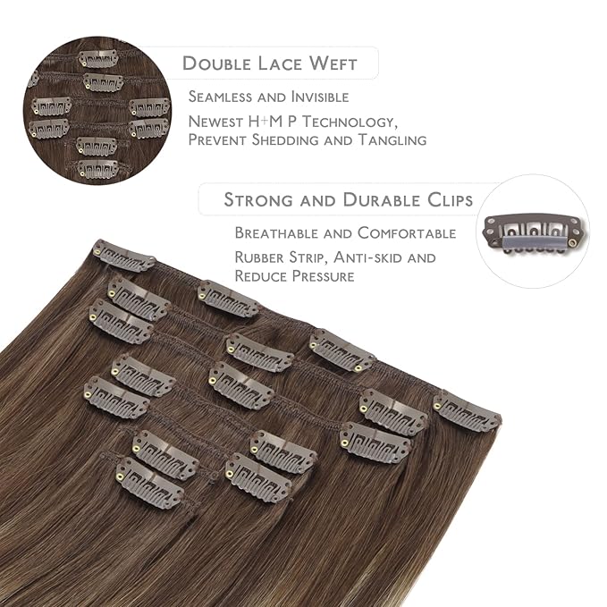 WENNALIFE Clip in Hair Extensions Real Human Hair, 16 Inch 120g 7pcs Balayage Chocolate Brown to Honey Blonde Hair Extensions Clip in Human Hair Remy Clip in Hair Extensions Real Human Hair