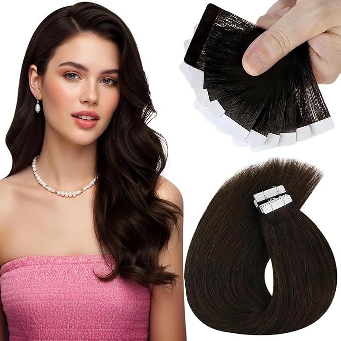 Sunny Hair Tape in Hair Extensions Real Human Hair Invisible Remy Hair Extensions Tape ins for Women Darkest Brown 18 inch 25G