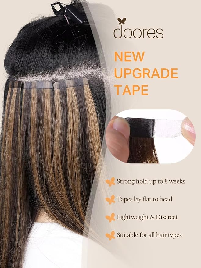 DOORES Tape in Human Hair Extensions, Balayage Dark Brown to Chestnut Brown30g 10pcs 22 Inch, Hair Extensions Tape in Straight Skin Weft Remy Hair Extensions