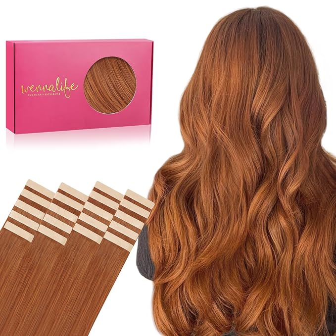 WENNALIFE Tape in Hair Extensions Human Hair, 20pcs 50g 24 inch Dirty Ginger Remy Hair Extensions Straight Human Hair Tape in Extensions Skin Weft Tape Extensions Human Hair