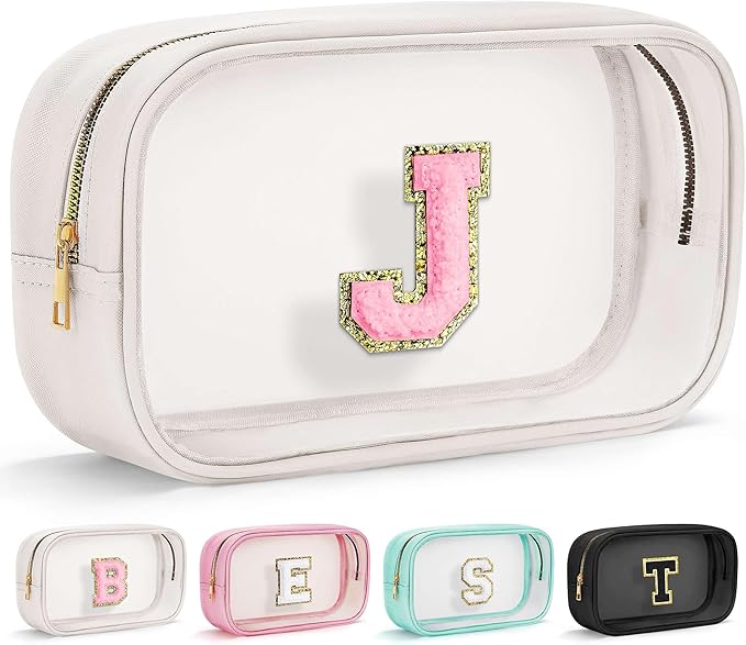 YOOLIFE Initial Make Up Bag Travel Toiletry Bag, Clear Makeup Bag Preppy Cosmetic Bags Organizer Travel Essentials Gifts for Women Teen Girlfriend Teacher Mom Brithday Mothers Day Gifts, Large, White