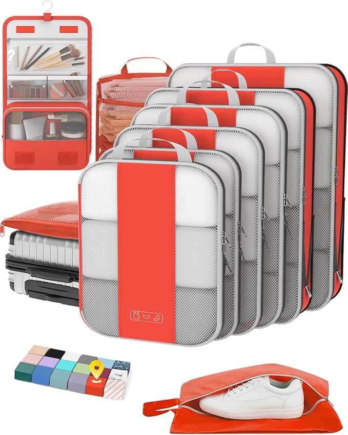 10 Set Compression Packing Cubes for Travel Essentials,Compressible Expandable Packing Cubes for Suitcase,OlarHike Luggage Organizer Bags for Travel,Handy Helper for Organizing Clothes(Orange)