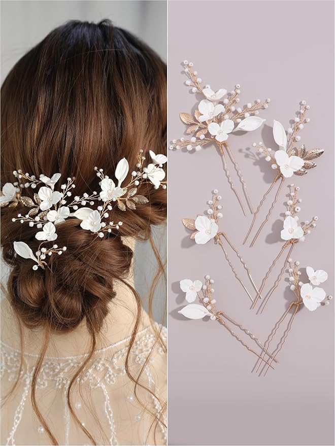 Beads Pearl Hair Pins, 6 Pcs Bridal Handmade White 3D Pinch Flower Fairy Bride Wedding Hair Pieces Leaf U Shaped Hair Accessories Headpiece Bridesmaids Women Girls Gold