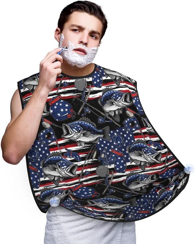 Beard Bib Apron for Men Shaving, Waterproof Non-Stick Hair Catcher with Suction Cups, Grooming Essential for Dad Husband, Vintage Bass Fishing Lure American Flag Shave Bib
