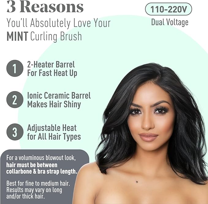 MINT Extra-Long 1.6 Inch Thermal Brush for Natural Volume & Waves | 230-430°F 2-Heater Ceramic Curling Iron Brush | Heated Round Styler