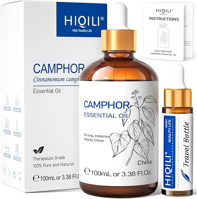 HIQILI 100ML Camphor Essential Oil Pure, 100% Undiluted for Skin, Diffuser, Aromatherapy - 3.38 Fl Oz