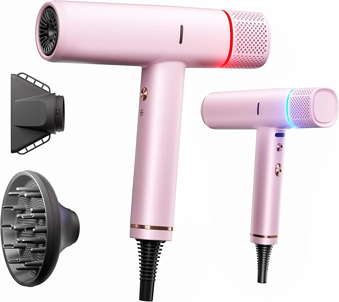 Ionic Hair Dryer with Diffuser and Concentrator, Professional Lightweight Quiet Blow Dryer, Powerful 1600 Watt Motor for Fast Drying and Straight & Wavy Hair, 3 Temps/2 Speeds, 6.56 Ft Cord, Pink