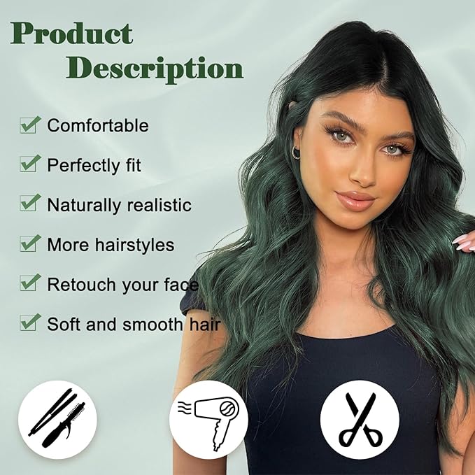 NAYOO Long Ombre Green Wavy Wig for Women 26 Inch Middle Part Curly Wavy Wig Natural Looking Synthetic Heat Resistant Fiber for Daily Use (Ombre Green)