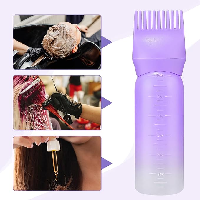 Pimoys 2 Pack Root Comb Applicator Bottle 6 Ounce Oil Applicator for Hair Dye Hair Oiling Bottle Applicator Brush with Graduated Scale, Gradient Color