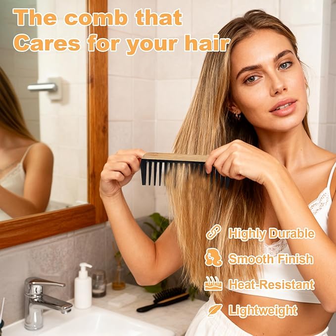 Bamboo Wide Tooth Comb Set, 2 Pcs Natural Handmade Bamboo Wooden Wide Tooth Comb for Women, Anti-Static for Thick Wet Wavy Hair Women Men