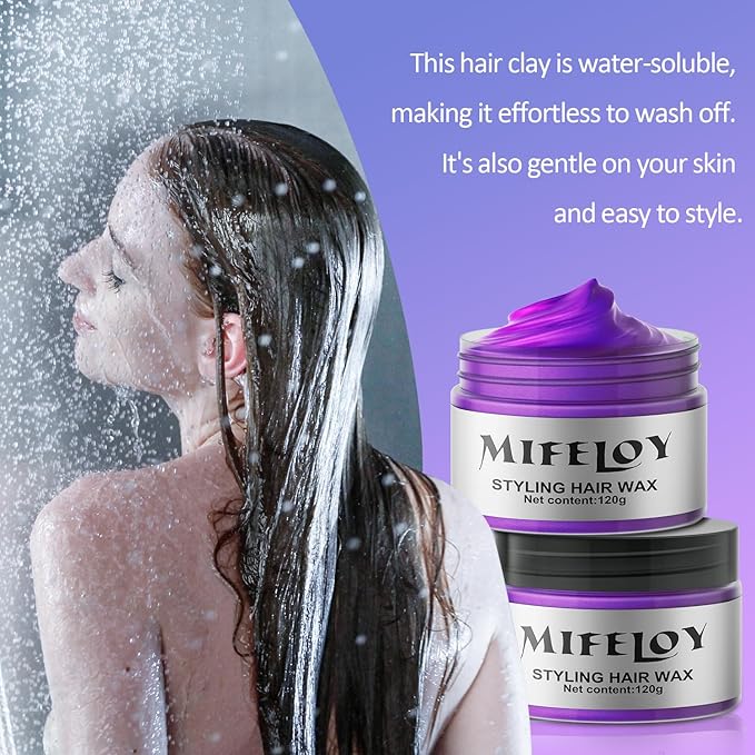 Purple Temporary Hair Color Wax, Instant Natural Hairstyle Cream Dye, Washable Styling Pomadesfor Men Girls Women Youth, Disposable Violet Coloring Mud for Party Cosplay DIY Halloween，