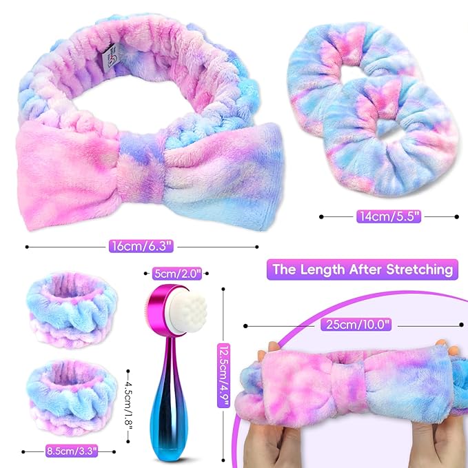 Facial Cleansing Brush, Headband for Washing Face with Silicone Double Side Manual Face Scrubber Brush, Skincare Headband and Wristband Set, 2 Hair Scrunchie, for Makeup Rainbow