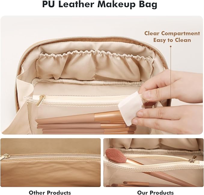 Prite Makeup Bag for Women Travel Waterproof Vegan Leather Cosmetic Bag Open Flat Toiletry Bag With Clear Divider and Handle (Large Beige)