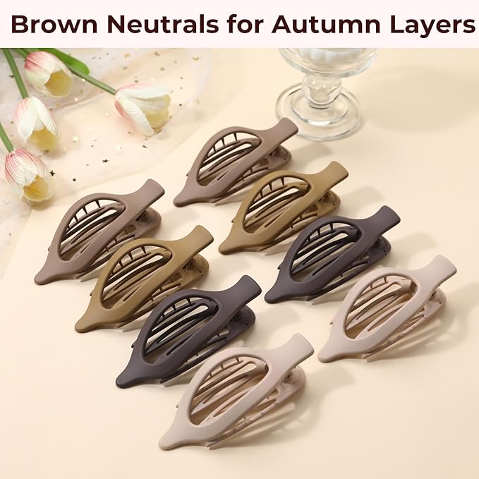 8 Pack Flat Brown Hair Clips – Neutral Matte French Brown Claw Clips for Women, Strong Hold Non-Slip Hair Barrettes for Everyday Office or Coffee Look