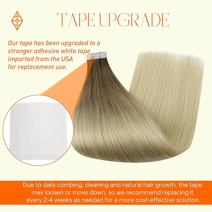 Full Shine Invisible Tape in Hair Extensions Human Hair 16 Inch Tape in Extensions Straight Hair Ombre Color 3 Dark Brown and 8 Fading to 613 Bleach Blonde 50 Gram Double Sided Tape Hair 20 Pcs