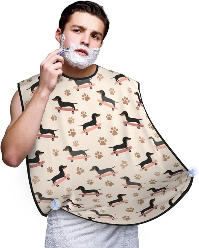 Men's Shaving Accessory Cartoon Dogs Skateboard Doxie Dachshund Weiner Dog Pet Dogs, Waterproof Beard Apron with Hair Catcher & Suction Cups