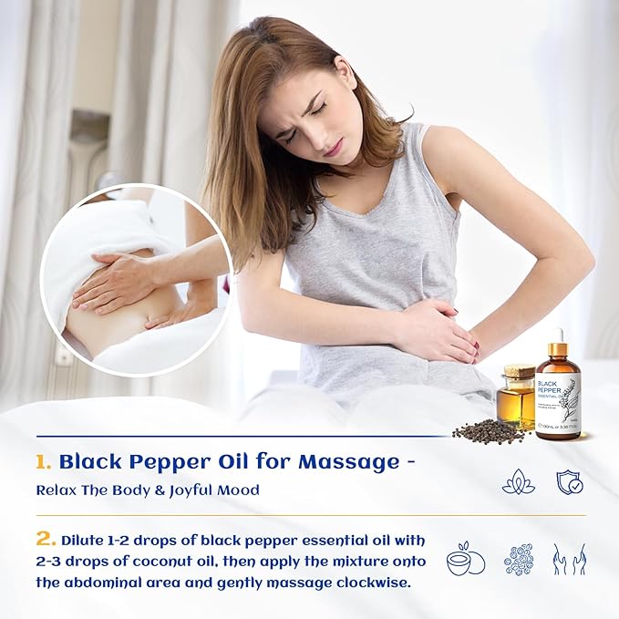 HIQILI Black Pepper Essential Oil for Aromatherapy & Diffuser - Natural Spicy & Warming Scent - Therapeutic Grade - 3.38 Fl Oz
