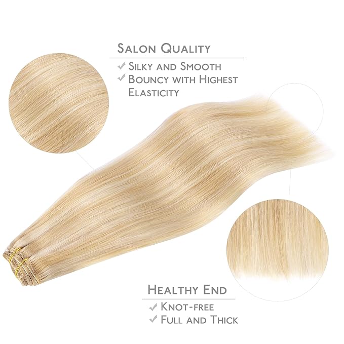 WENNALIFE Clip in Hair Extensions Human Hair 14 Inch 120g 7pcs Dirty Blonde Highlighted Bleach Blonde Hair Extensions Clip in for Women Real Human Hair Rallonge Cheveux Humain Real Hair Extensions