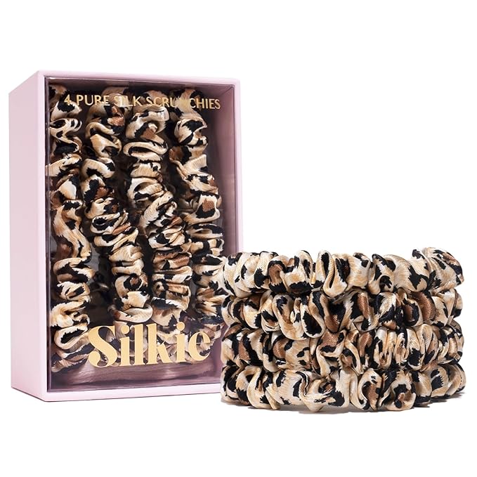 SILKIE x4 Set - Forget Satin - 100% Pure Mulberry Silk Black Brown Leopard Skinny Scrunchies Travel Pouch Everyday Hair Ties Elastics Hair Care Ponytail Holder No Damage (Savannah)