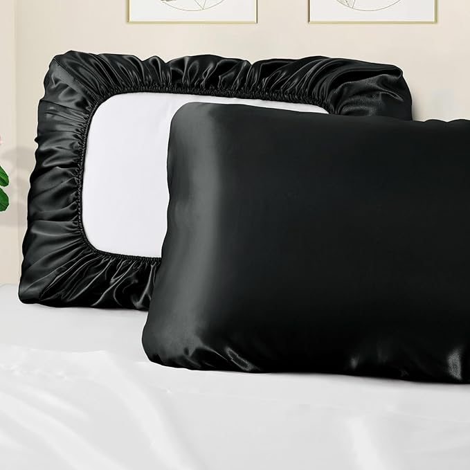 Manyshofu Satin Pillowcases for Hair Protection - 2Pcs Black Pillow Cases, Elastic Band Standard & Queen Satin Pillowcases Luxury Silky Pillow Cases Travel Pillow Covers