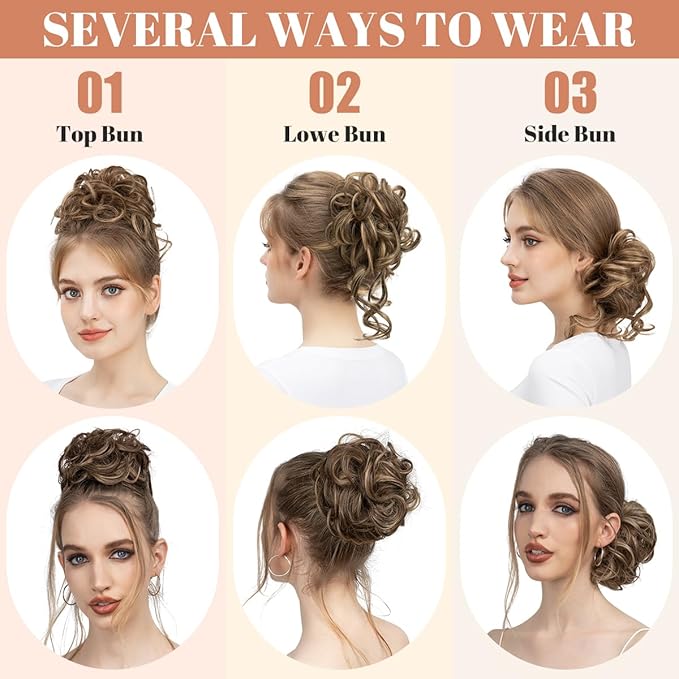 CJL HAIR 2PCS Messy Bun Hair Pieces Wavy Curly Synthetic Updo Chignon Fake Scrunchies Ponytail Extension for Women Ice Blonde