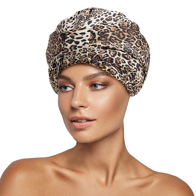 INNELO Luxury Shower Cap for Women Reusable Waterproof, Double Layered Shower Hair Cap with Adjustable Elastic Strap, Large Satin Lined Shower Bath Cap for Long Curly Straight Hair, Leopard
