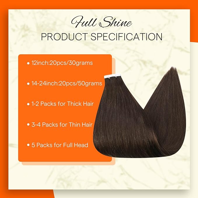 Full Shine Hair Extensions Tape in Color 2 Dark Brown Tape in Hair Extensions Human Hair 12Inch Skin Weft Hair Extensions 20Pcs 30Gram Tape Ins Human Hair Extensions for Women