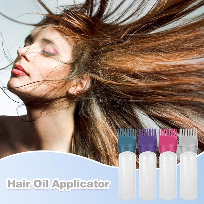 ELANE 4 Pcs Root Comb Applicator Bottle, 6oz, Hair Oil Applicator Bottle for Hair, Dye, Shampoos, Salons, Camping, Traveling (Purple+Grey+Red+Green)
