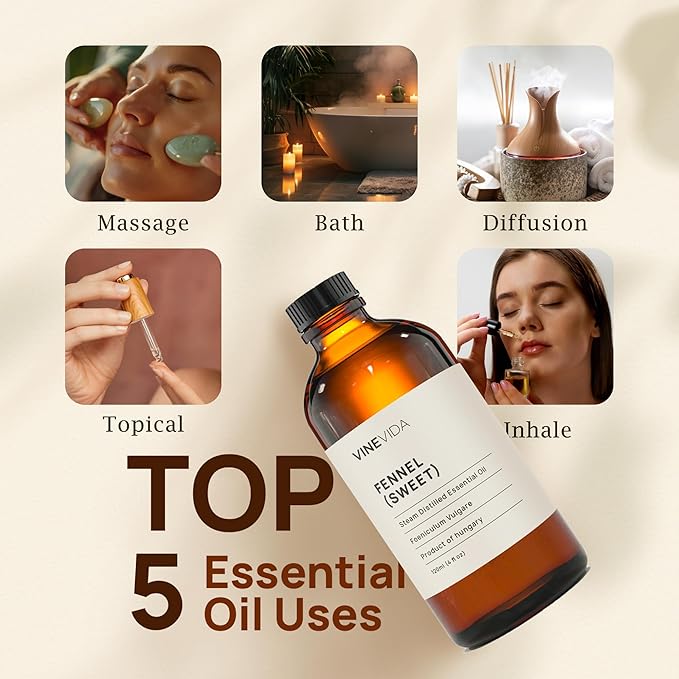 VINEVIDA Fennel Essential Oil 4 oz - Pure, Undiluted Fennel Oil for DIY Candle Scents and Soap Making - Safe for Skin