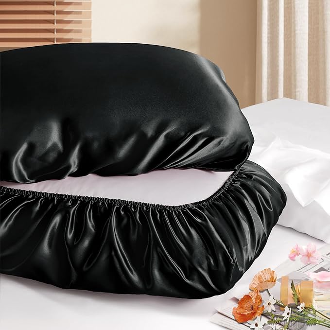 Manyshofu Satin Pillowcases for Hair Protection - 2Pcs Black Pillow Cases, Elastic Band Standard & Queen Satin Pillowcases Luxury Silky Pillow Cases Travel Pillow Covers