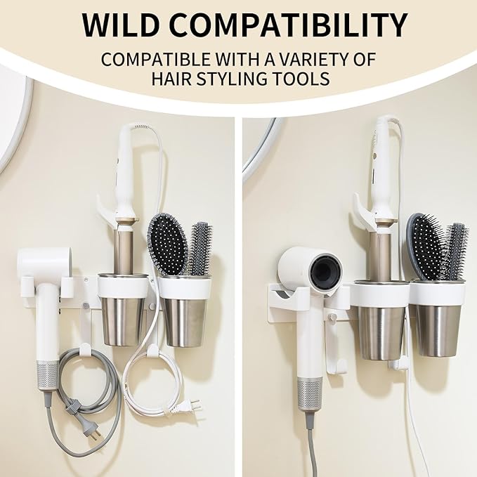 Hot Tools Organizer, Hair Tool Organizer Wall Mount Aluminum Alloy, Space-Saving Curling Iron Holder for Vanity & Bathroom with Stainless Steel Cups White
